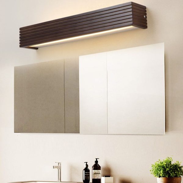 Traditional Chinese Striped Wood Cuboid LED Vanity Mirror Front Wall Sconce Lamp For Bathroom - Image 3