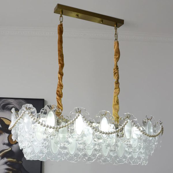 French Vintage Rectangular Pearl Glass 8-Light Island Light Chandelier - Image 4