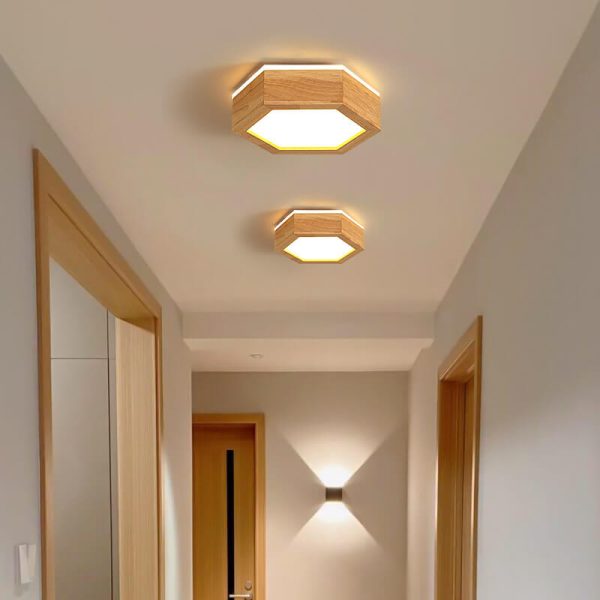 Modern Simple Wooden Hexagonal Geometry LED Flush Mount Ceiling Light - Image 23