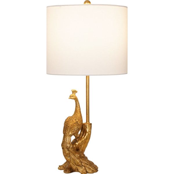 Traditional Vintage Cylindrical Peacock Resin Gold Foil Fabric 1-Light Table Lamp For Bedroom - Image 4
