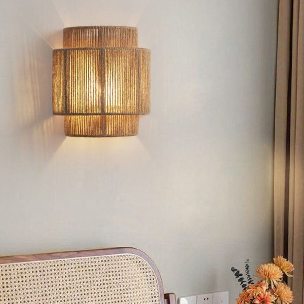 Traditional Japanese Rope Woven Curved 1-Light Wall Sconce Lamp For Living Room