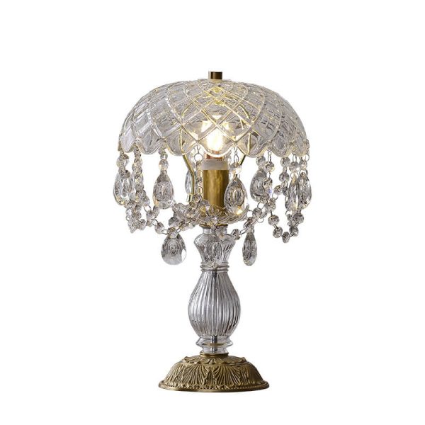 French Luxury Clear Crystal Round Tassel Copper 1-Light Table Lamp - Image 7