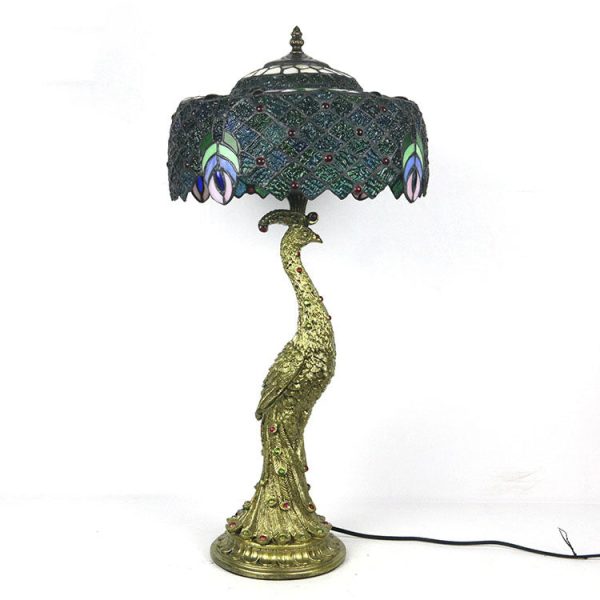Vintage Tiffany Peacock Gem Dome Glass Resin 1-Light Table Lamp - Image 12