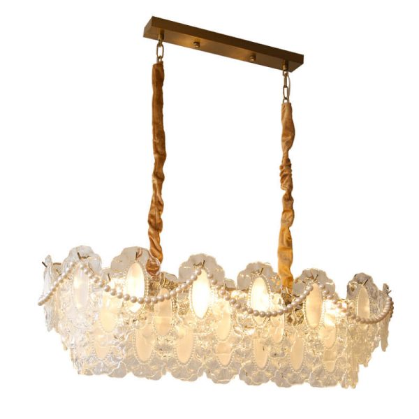 French Vintage Rectangular Pearl Glass 8-Light Island Light Chandelier - Image 11