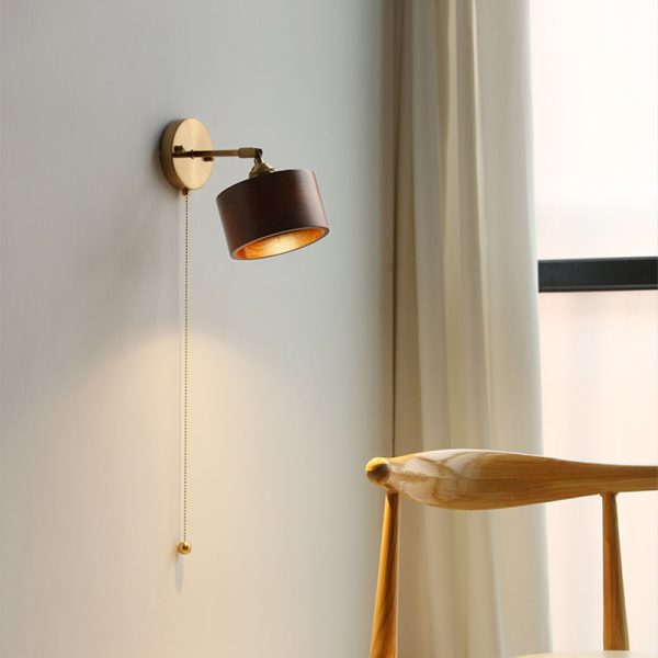 Contemporary Scandinavian Round Cone Dome Copper Wood 1-Light Wall Sconce Lamp For Bedroom - Image 19
