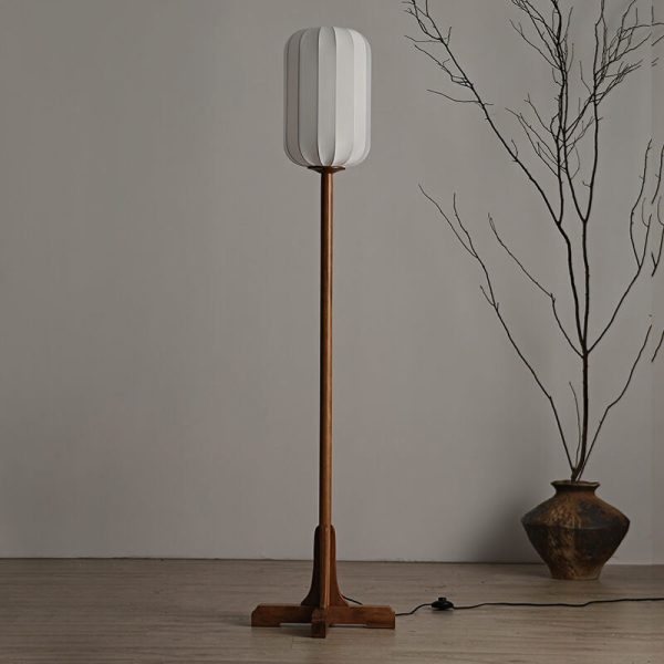 Japanese Zen Rosewood Base Silk Lantern Shade 1-Light Standing Floor Lamp - Image 3