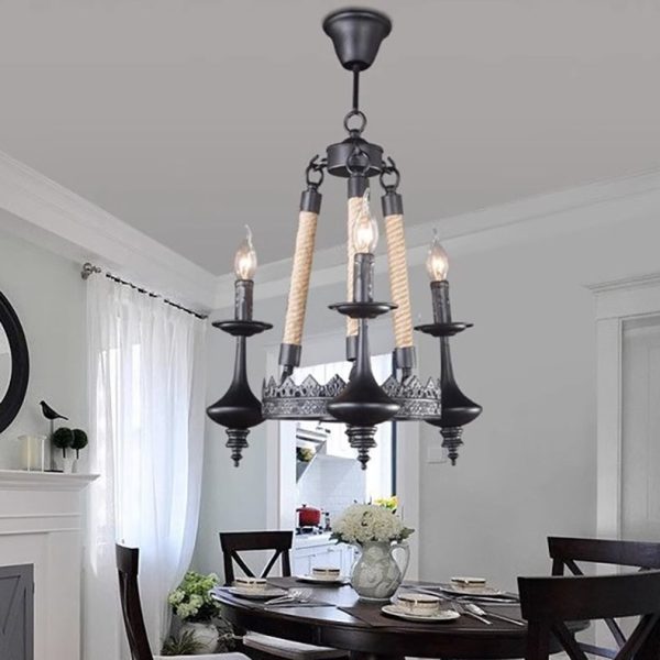 Traditional Vintage Round Candelabra Iron Hemp Rope 3/6/8 Light Chandelier For Living Room - Image 8
