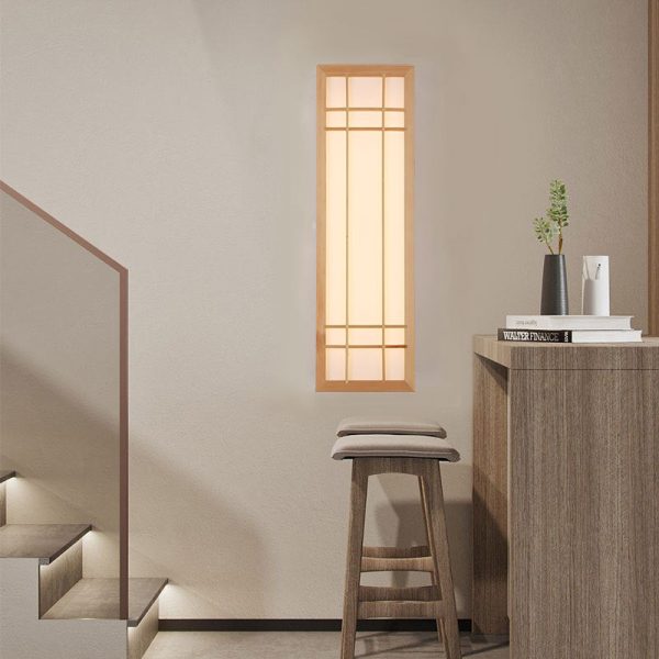 Traditional Japanese Rectangle Solid Wood Acrylic LED Wall Sconce Lamp For Bedroom - Image 11