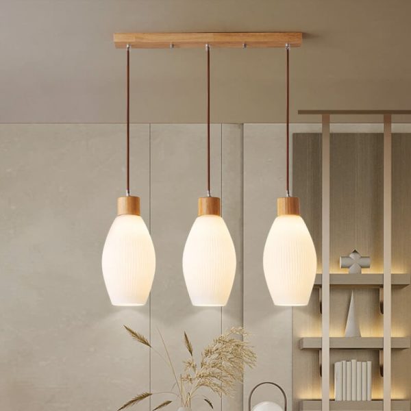 Nordic Textured Glass Solid Wood 3-Light Linear Island Light Chandelier - Image 3