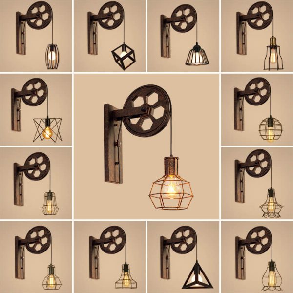 Vintage Industrial Pulley Iron 1-Light Wall Sconce Lamp - Image 11