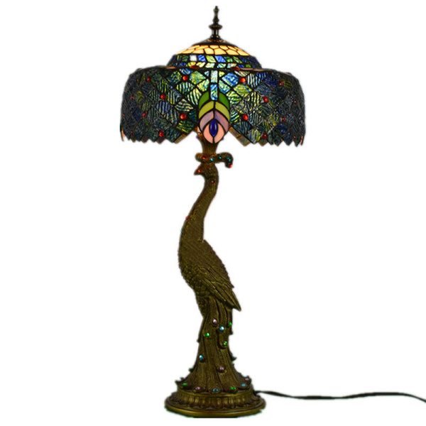 Vintage Tiffany Peacock Gem Dome Glass Resin 1-Light Table Lamp - Image 10