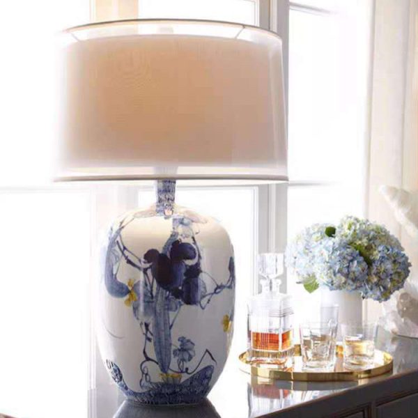 Traditional Chinese Fabric Round Shade Hand-painted Ceramic Vase Base 1-Light Table Lamp For Bedroom - Image 3