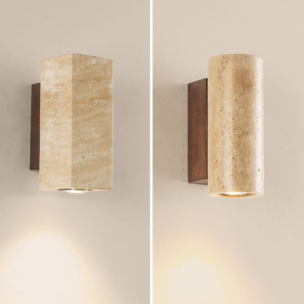 Japanese Wabi-Sabi Round Square Yellow Travertine Rubber Wood 1-Light Spotlight Wall Sconce Lamp - Image 6