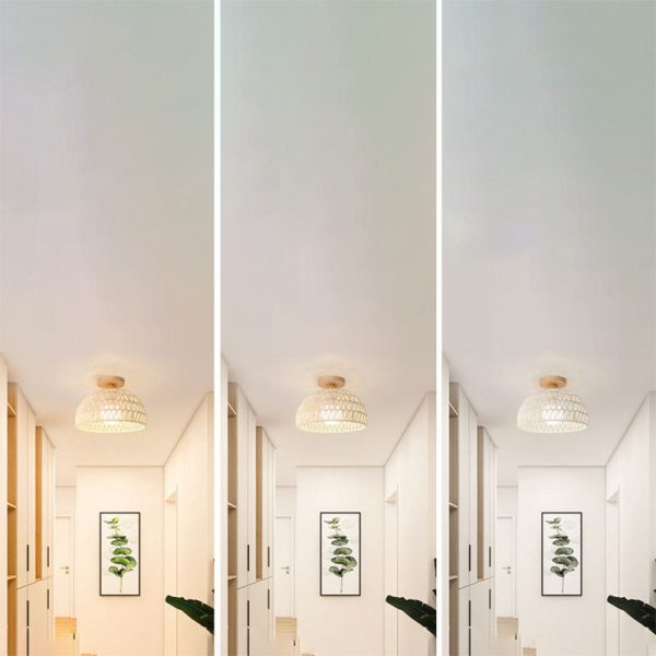 Traditional Japanese Half Round Solid Wood Rattan 1-Light Semi-Flush Mount Ceiling Light For Living Room - Image 8
