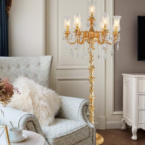 European Luxury Golden Crystal Zinc Alloy Candle Holder 7-Light Standing Floor Lamp - Image 13