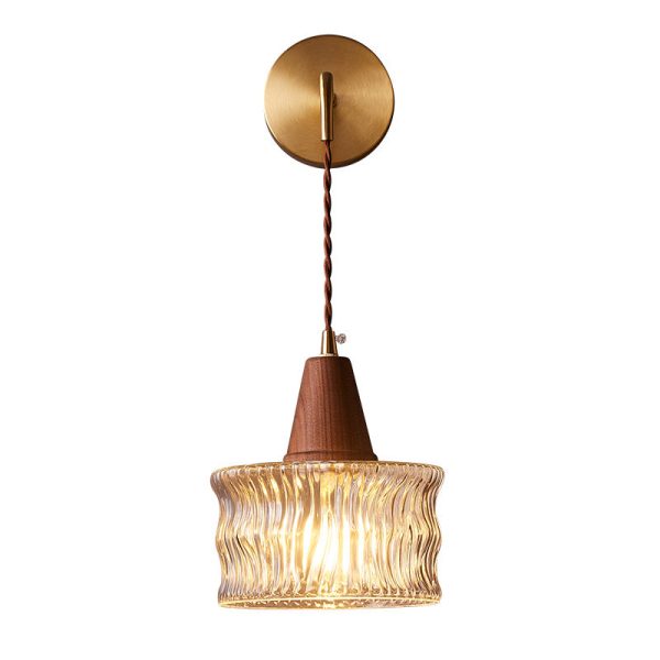 Japanese Walnut Glass  Copper Cylinder 1-Light Wall Sconce Lamp - Image 12