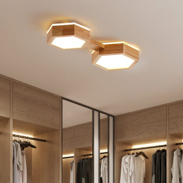 Modern Simple Wooden Hexagonal Geometry LED Flush Mount Ceiling Light - Image 2