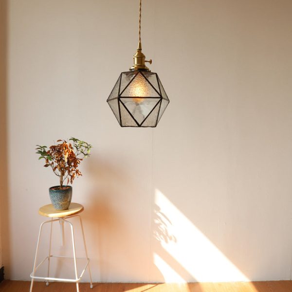 Traditional Vintage Polygonal Brass Stained Glass 1-Light Pendant Light For Living Room - Image 8