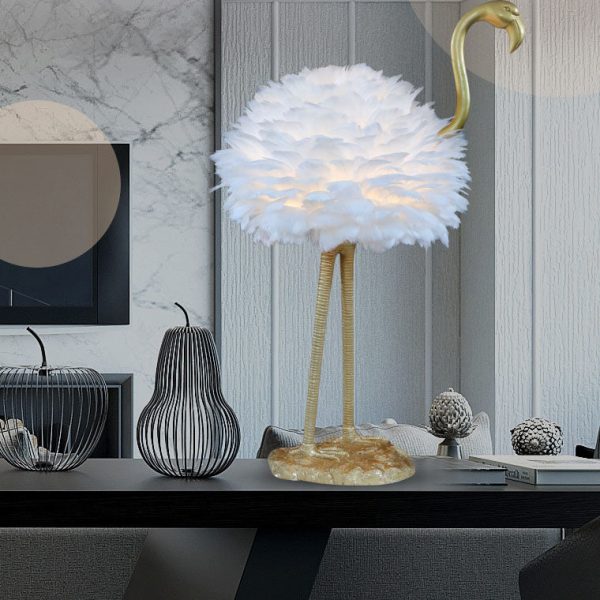 Contemporary Nordic Goose Feather Metal Flamingo Ball 1-Light Table Lamp For Bedside - Image 18