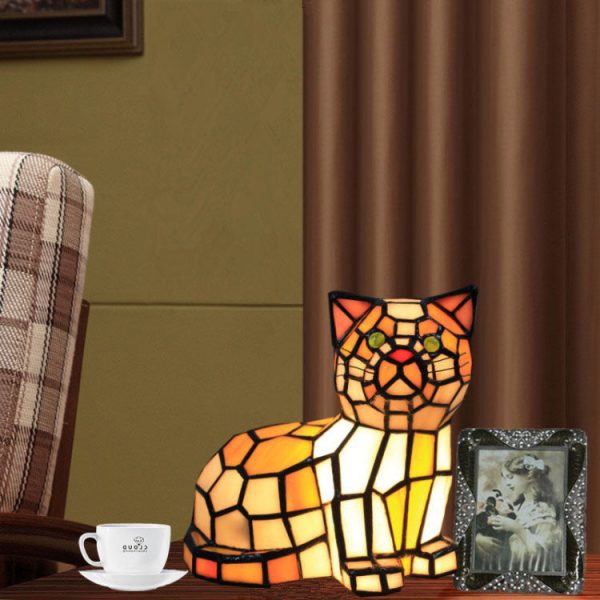 Traditional Tiffany Stained Glass Cat 1-Light Table Lamp For Bedroom - Image 18