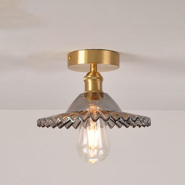 Japanese Vintage Glass Brass Lotus 1-Light Semi-Flush Mount Ceiling Light - Image 3