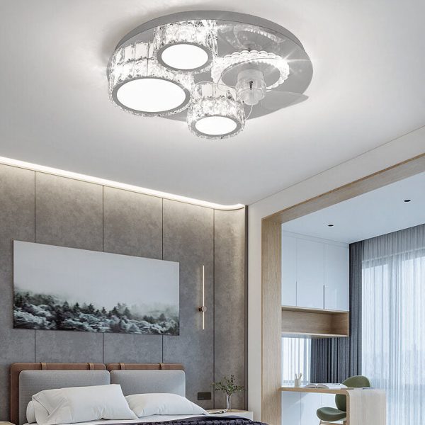 Modern Luxury Crystal Stainless Steel LED Flush Mount Ceiling Fan Light - Image 2