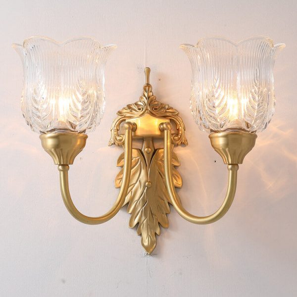 Vintage Flower Cup Brass Glass 1/2 Light Wall Sconce Lamp - Image 4