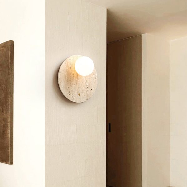 Traditional Japanese Round Oval Yellow Travertine 1-Light Wall Sconce Lamp For Bedroom - Image 7