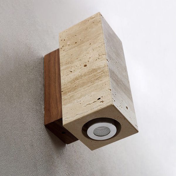 Japanese Wabi-Sabi Round Square Yellow Travertine Rubber Wood 1-Light Spotlight Wall Sconce Lamp - Image 13