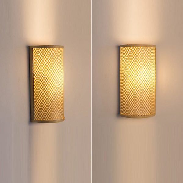Traditional Japanese Weaving Semicircular Cylinder Bamboo 2-Light Wall Sconce Lamp For Bedside - Image 9