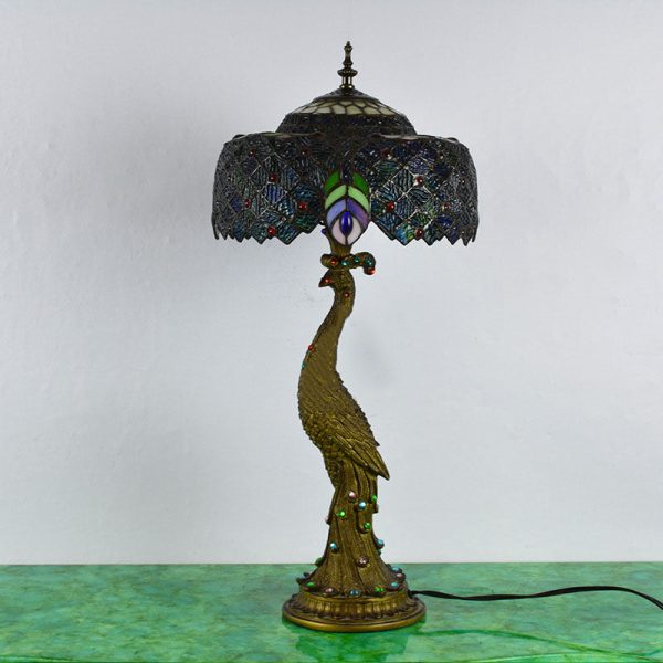 Vintage Tiffany Peacock Gem Dome Glass Resin 1-Light Table Lamp - Image 4