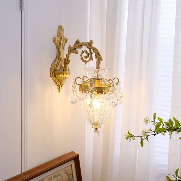 Traditional French Court Lantern Brass Crystal 1/2 Light Wall Sconce Lamp For Living Room - Image 2