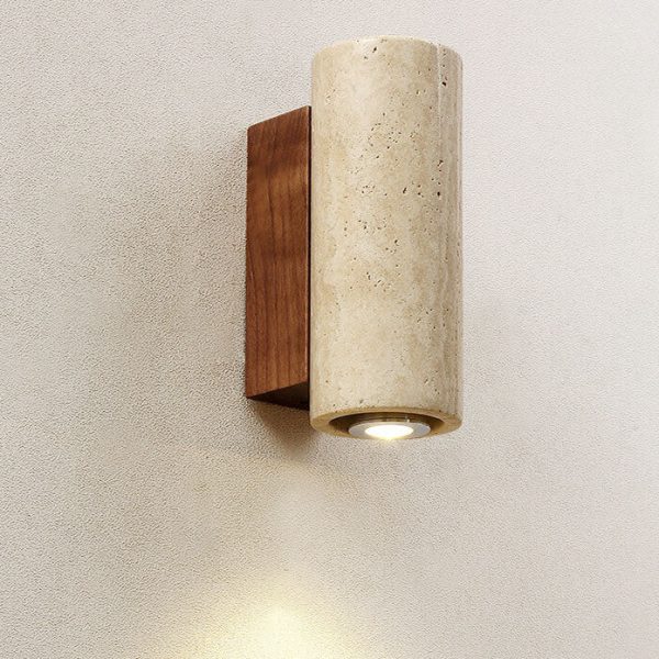 Japanese Wabi-Sabi Round Square Yellow Travertine Rubber Wood 1-Light Spotlight Wall Sconce Lamp - Image 4