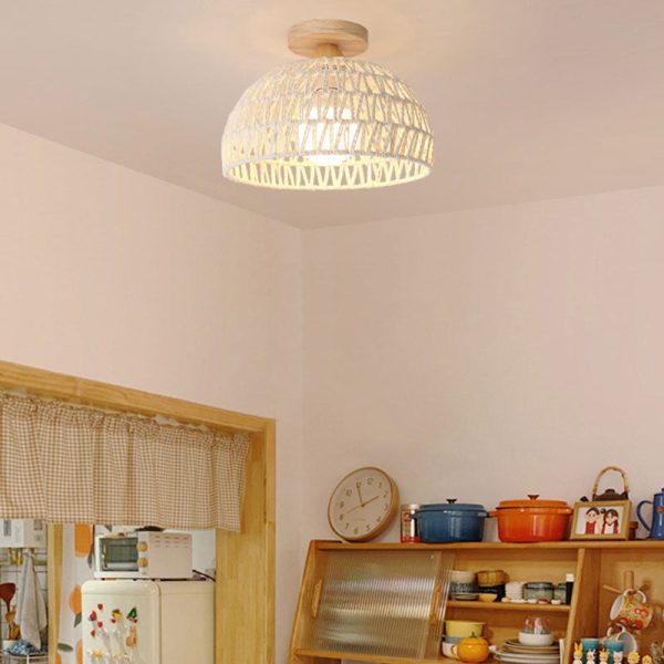 Traditional Japanese Half Round Solid Wood Rattan 1-Light Semi-Flush Mount Ceiling Light For Living Room - Image 2