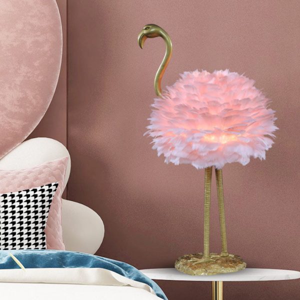 Contemporary Nordic Goose Feather Metal Flamingo Ball 1-Light Table Lamp For Bedside - Image 4