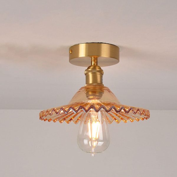 Japanese Vintage Glass Brass Lotus 1-Light Semi-Flush Mount Ceiling Light - Image 4