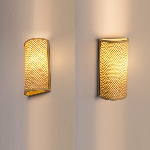 Traditional Japanese Weaving Semicircular Cylinder Bamboo 2-Light Wall Sconce Lamp For Bedside - Image 10