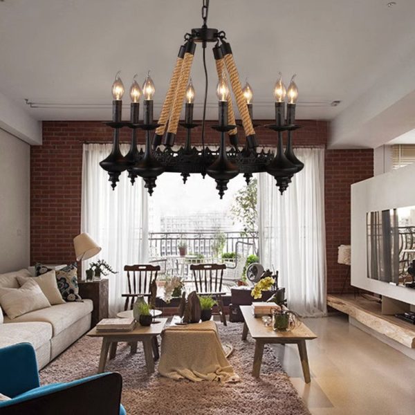 Traditional Vintage Round Candelabra Iron Hemp Rope 3/6/8 Light Chandelier For Living Room - Image 9