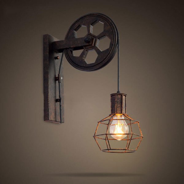 Vintage Industrial Pulley Iron 1-Light Wall Sconce Lamp - Image 8