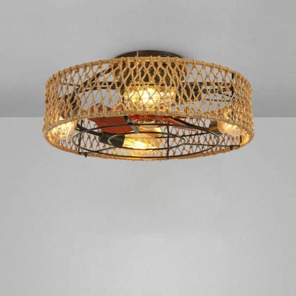 Traditional Rustic Round Drum Iron Hemp Rope 4-Light Semi-Flush Mount Ceiling Fan Light For Bedroom - Image 4