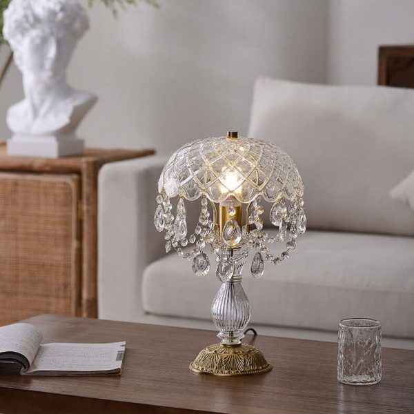 French Luxury Clear Crystal Round Tassel Copper 1-Light Table Lamp - Image 10