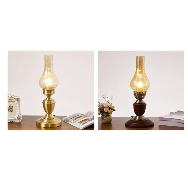 Vintage All Brass Wooden Glass Kerosene Lamp Design 1- Light Table Lamp - Image 12