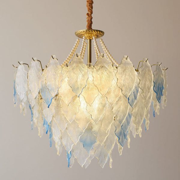 Traditional French Round Tree Leaf Blade Pearl Iron Copper Glass 3/6/9/12 Light Chandelier For Living Room - Image 14