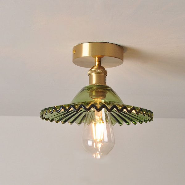 Japanese Vintage Glass Brass Lotus 1-Light Semi-Flush Mount Ceiling Light - Image 5
