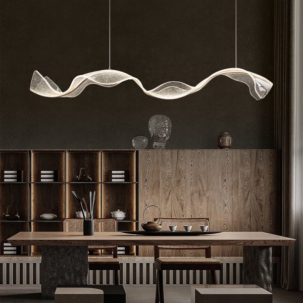 Contemporary Creative Rectangle Wave Ribbon Hardware Acrylic LED Island Light Chandelier For Dining Room - Image 2