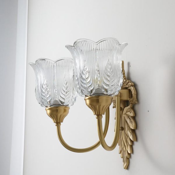Vintage Flower Cup Brass Glass 1/2 Light Wall Sconce Lamp - Image 8
