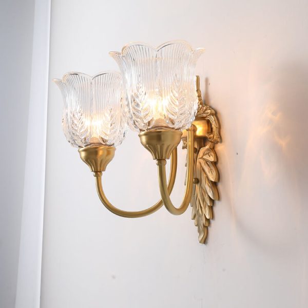 Vintage Flower Cup Brass Glass 1/2 Light Wall Sconce Lamp - Image 11
