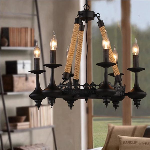 Traditional Vintage Round Candelabra Iron Hemp Rope 3/6/8 Light Chandelier For Living Room - Image 10