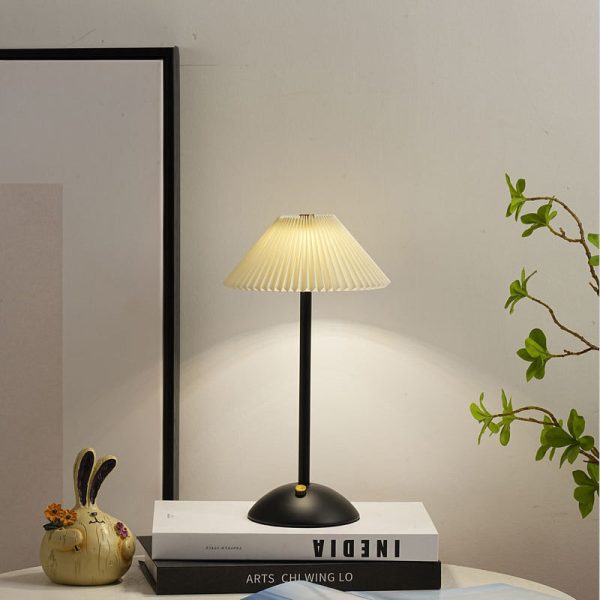 Contemporary Scandinavian Rechargeable Iron Fabric Conic Pleated 1-Light Table Lamp For Bedside - Image 6