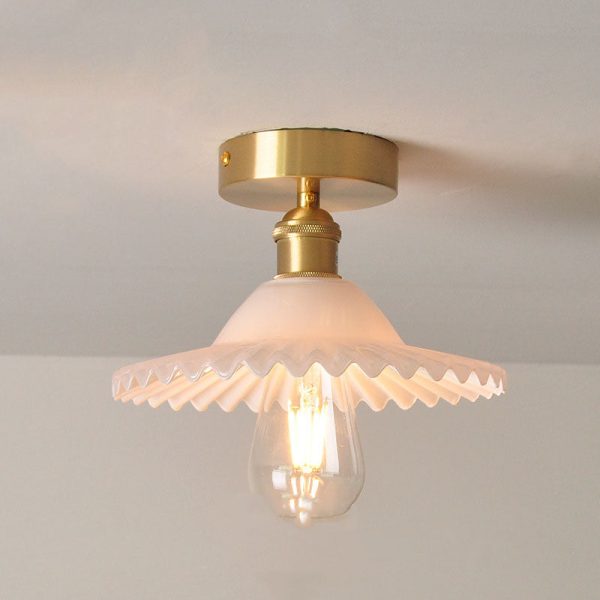 Japanese Vintage Glass Brass Lotus 1-Light Semi-Flush Mount Ceiling Light - Image 6